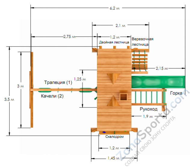 Деревянная детская площадка для дачи Igragrad Крепость Фани с рукоходом (Домик)